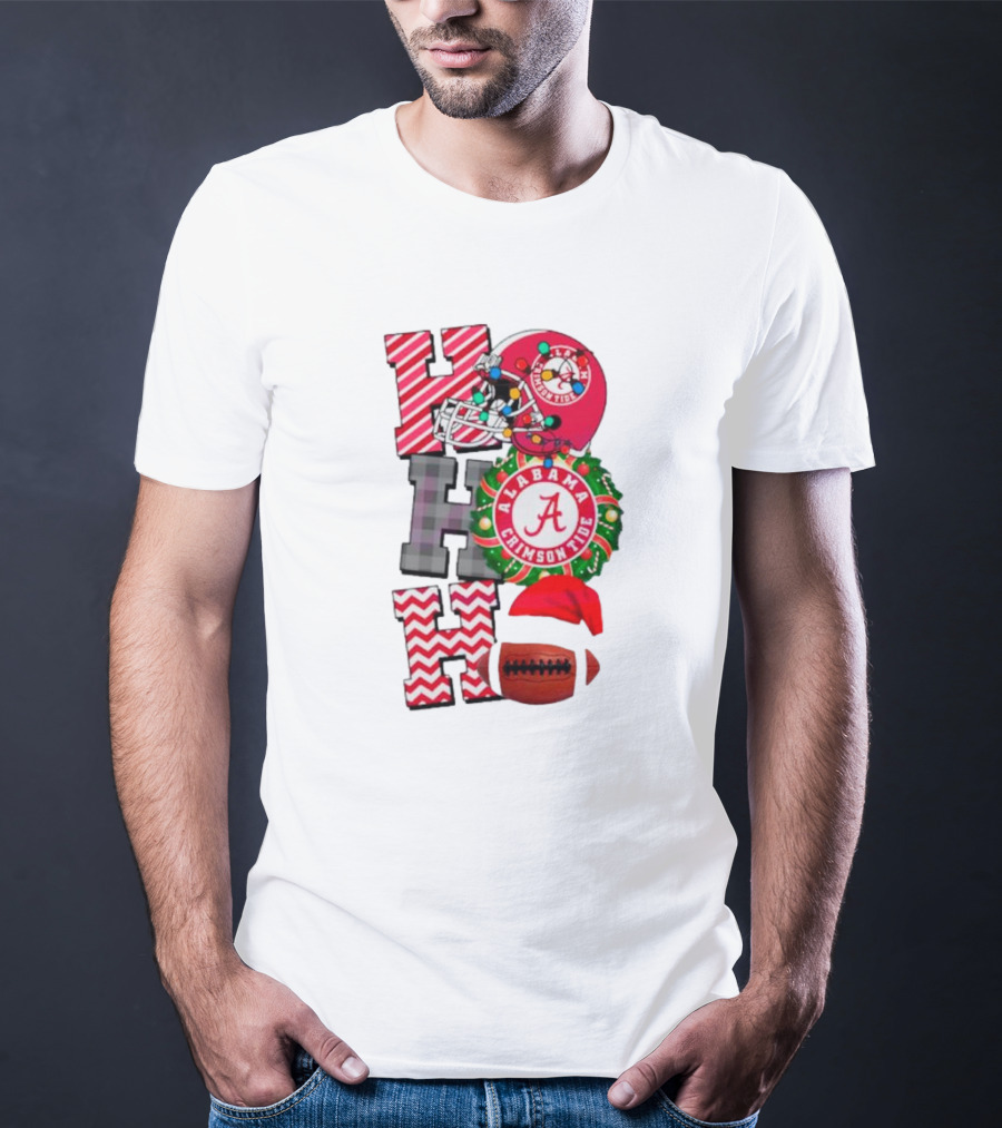 Alabama Crimson Tide Football Christmas Ho Ho Ho Santa Hat Wreath Football Helmet T-Shirt