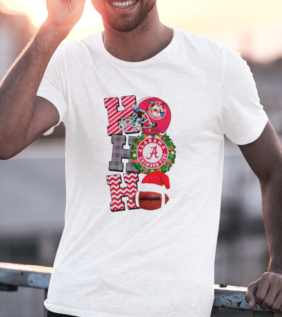 Alabama Crimson Tide Football Christmas Ho Ho Ho Santa Hat Wreath Football Helmet T-Shirt