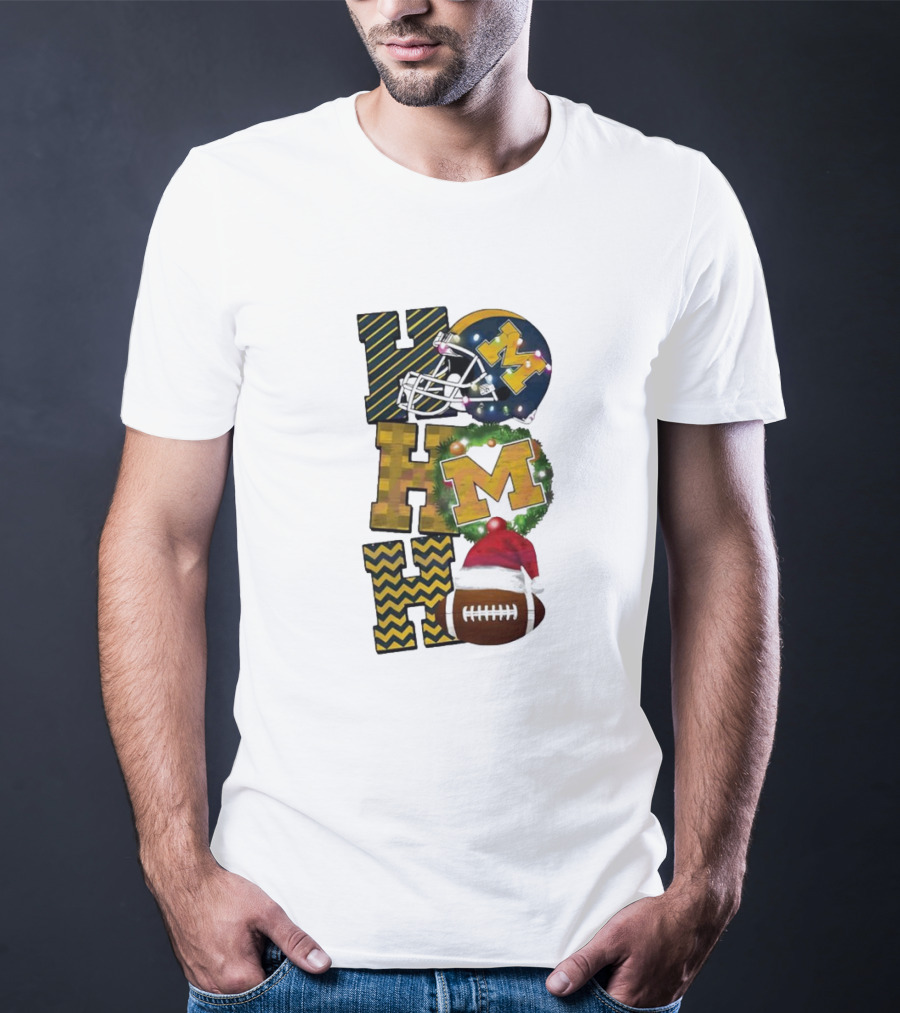 Michigan Wolverines Football Helmet Wreath Christmas Ho Ho Ho T-Shirt
