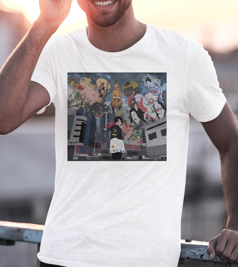 Kemuri Ikumi X Nass Anime Yokai-Inspired Urban Chaos Scene T-Shirt