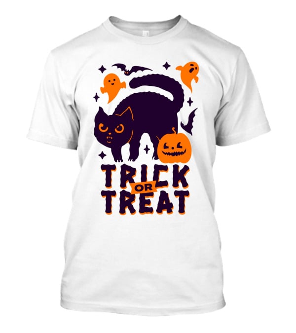 Trick Or Treat Halloween Cats Pumpkins Ghosts And Bats T-Shirt