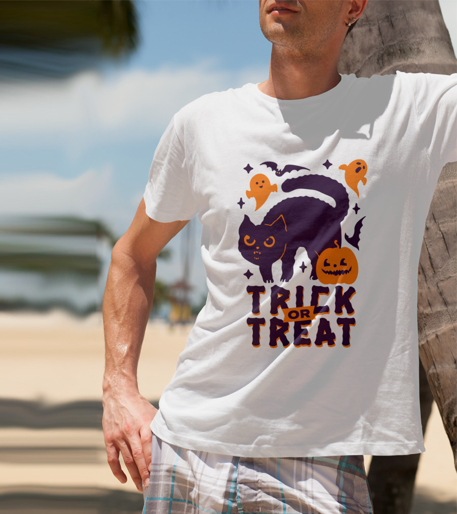 Trick Or Treat Halloween Cats Pumpkins Ghosts And Bats T-Shirt