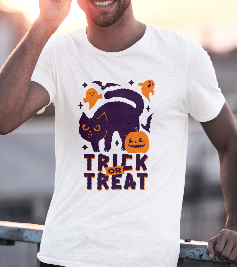 Trick Or Treat Halloween Cats Pumpkins Ghosts And Bats T-Shirt
