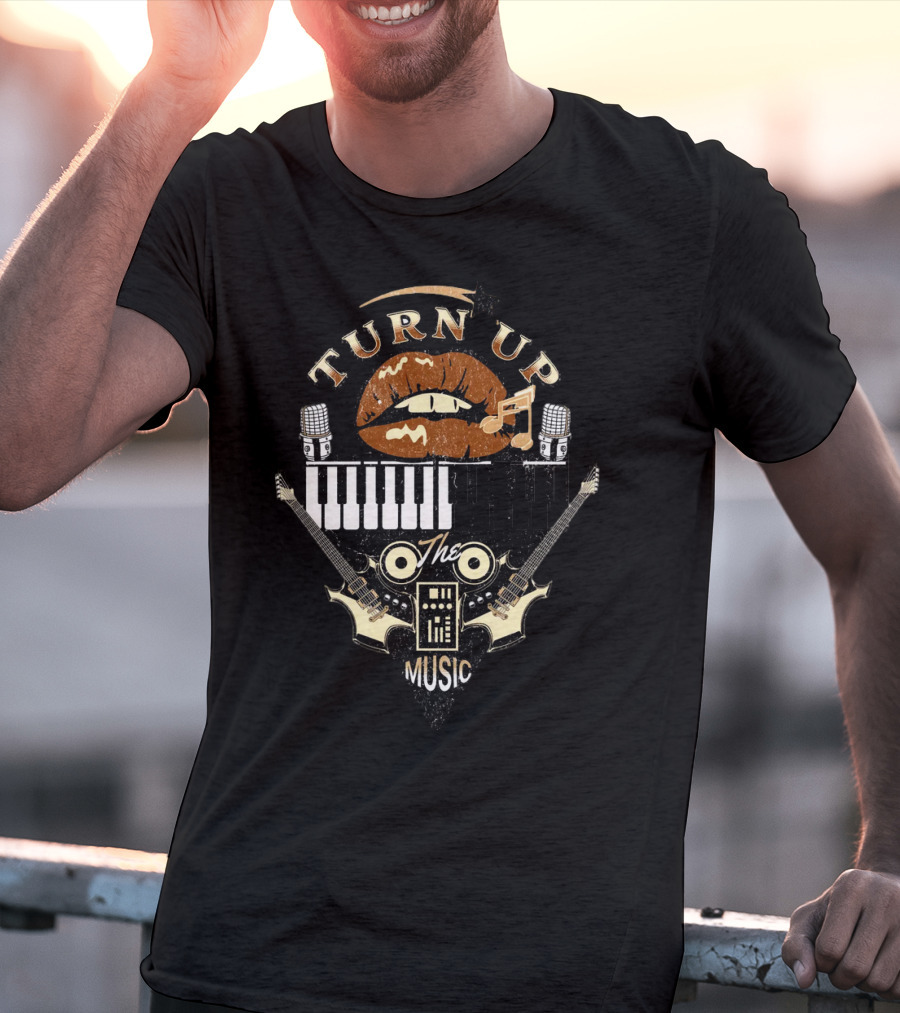 TURN UP THE MUSIC Keyboard Guitars And Microphones T-Shirt