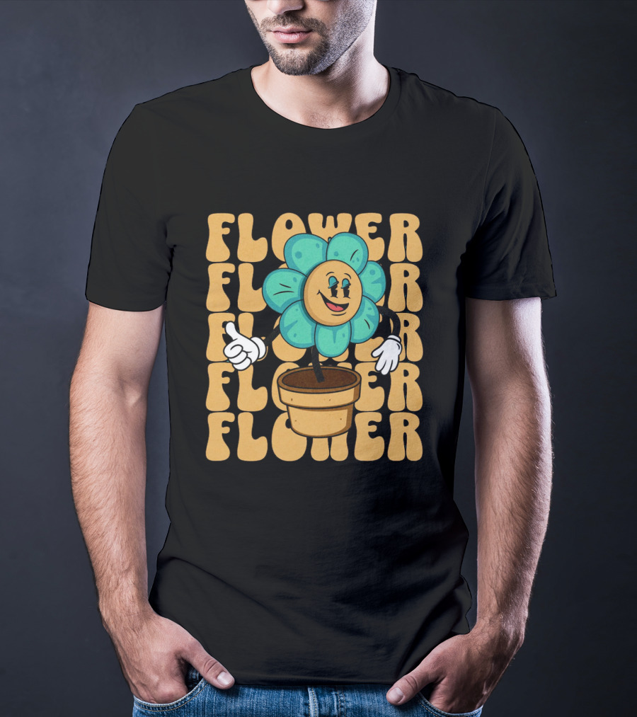 Flower Happy Blue Petal Character In Pot With Groovy Text T-Shirt