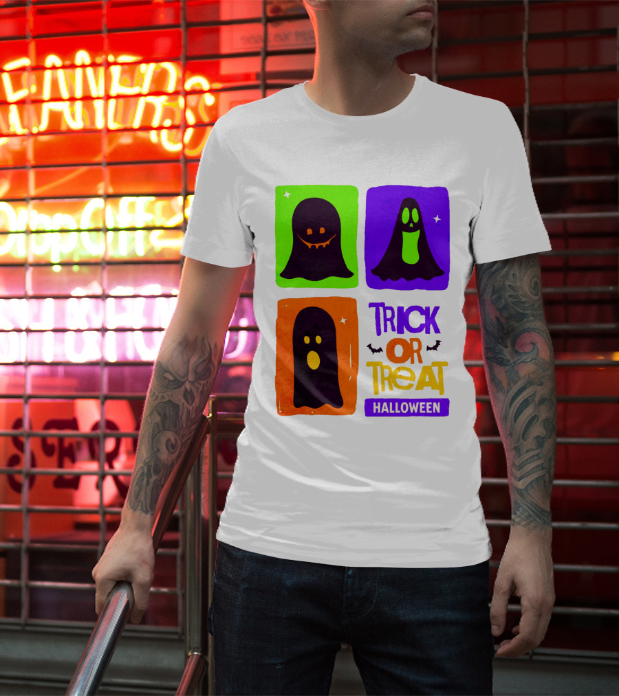 Halloween Trick Or Treat Ghosts In Colorful Boxes T-Shirt