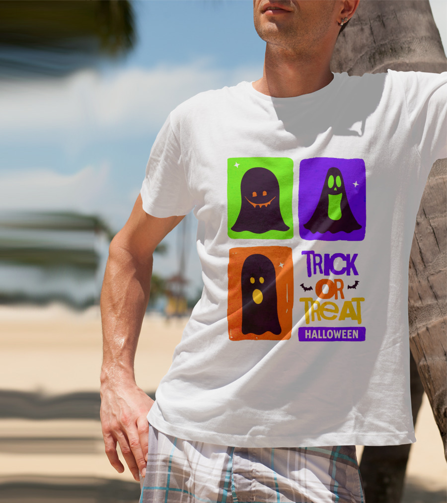 Halloween Trick Or Treat Ghosts In Colorful Boxes T-Shirt