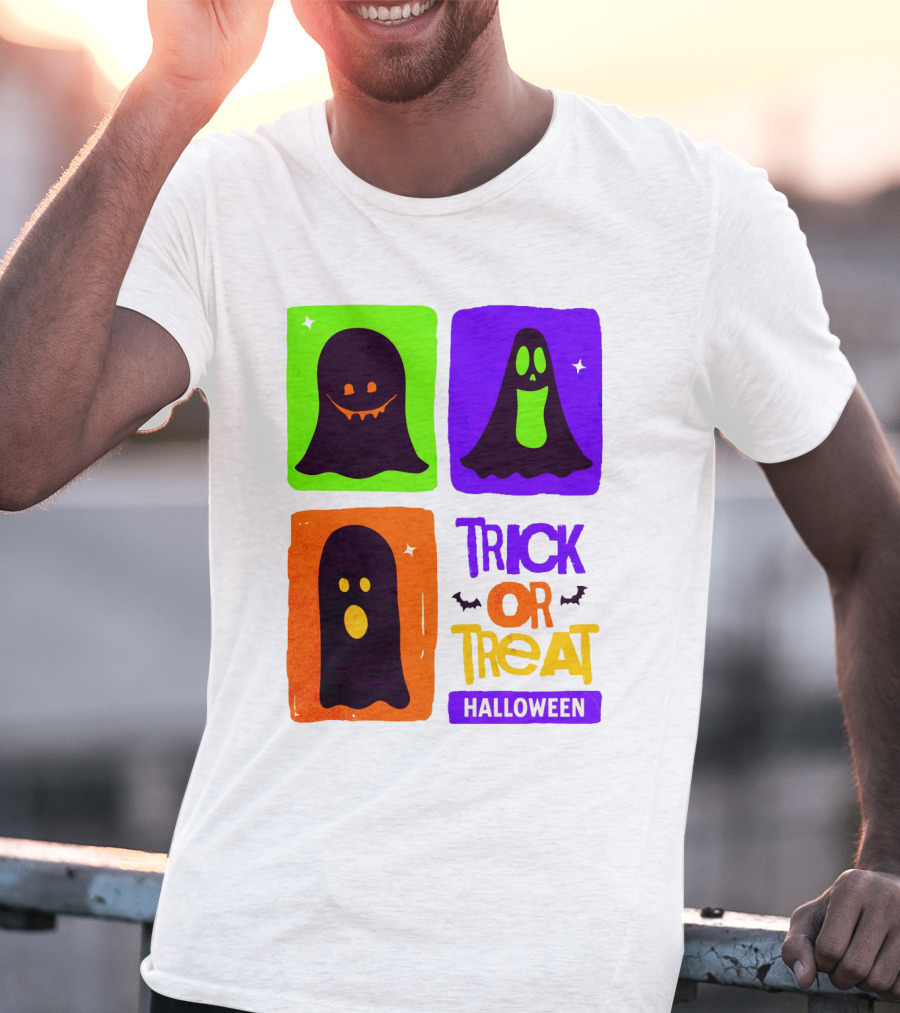 Halloween Trick Or Treat Ghosts In Colorful Boxes T-Shirt