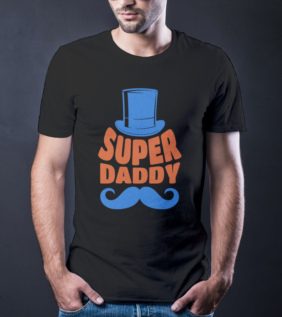 Super Daddy Mustache Top Hat Blue T-Shirt