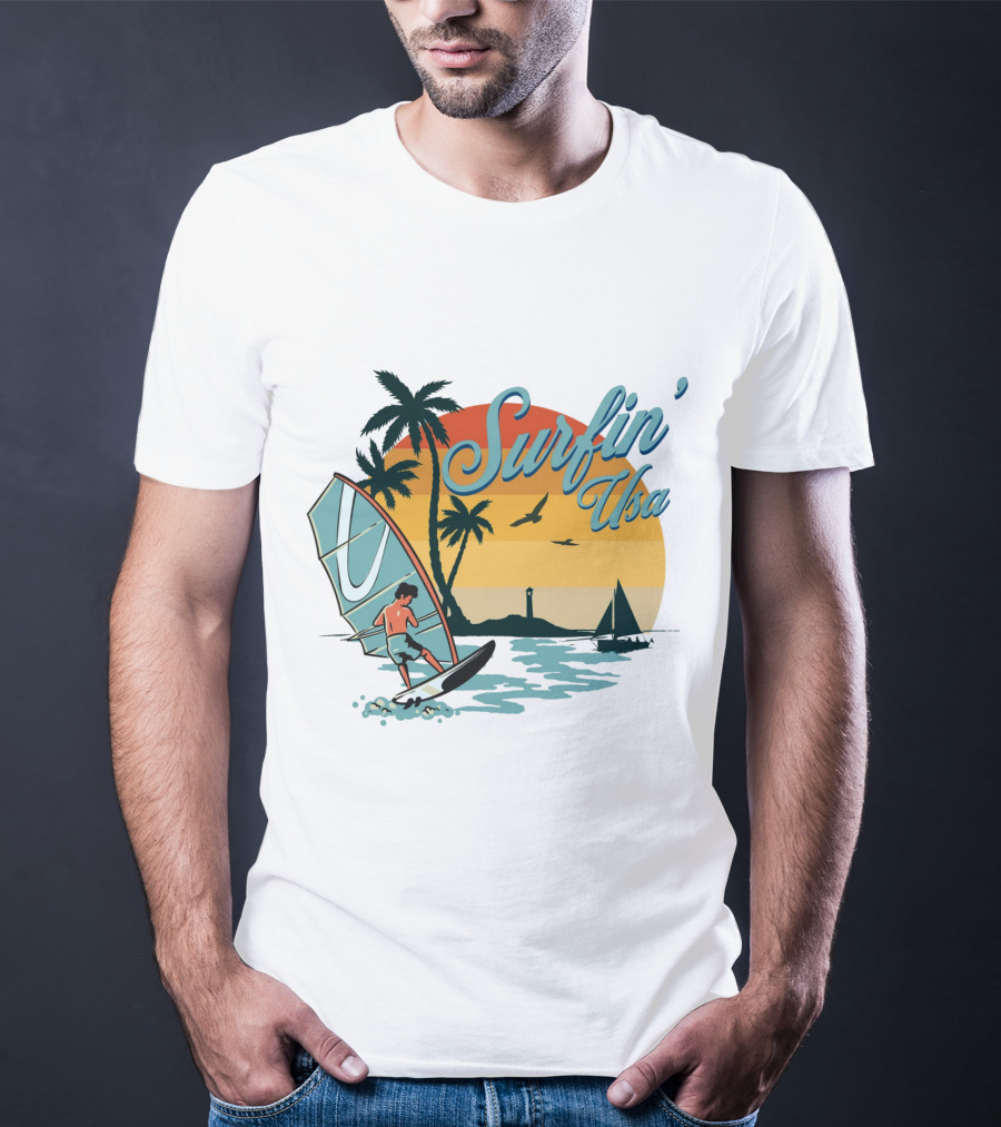 Surfin' Usa Retro Sunset Windsurfer Palm Trees Ocean Scene T-Shirt