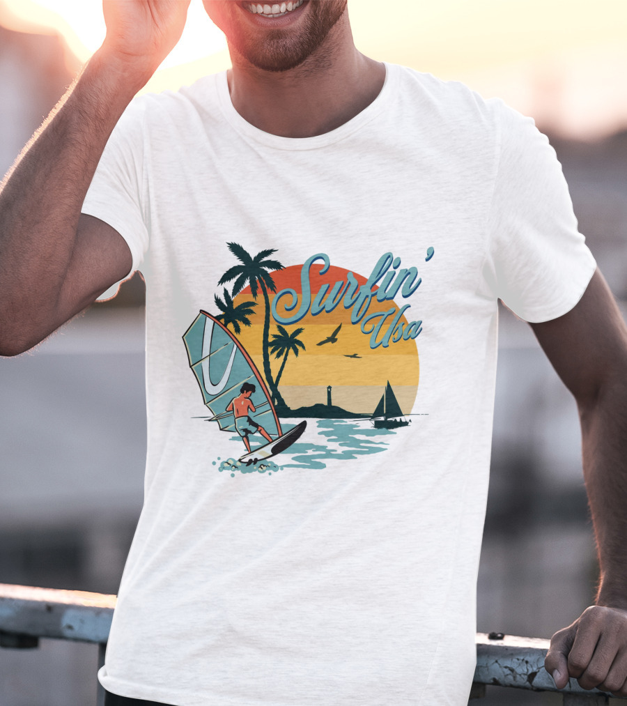Surfin' Usa Retro Sunset Windsurfer Palm Trees Ocean Scene T-Shirt