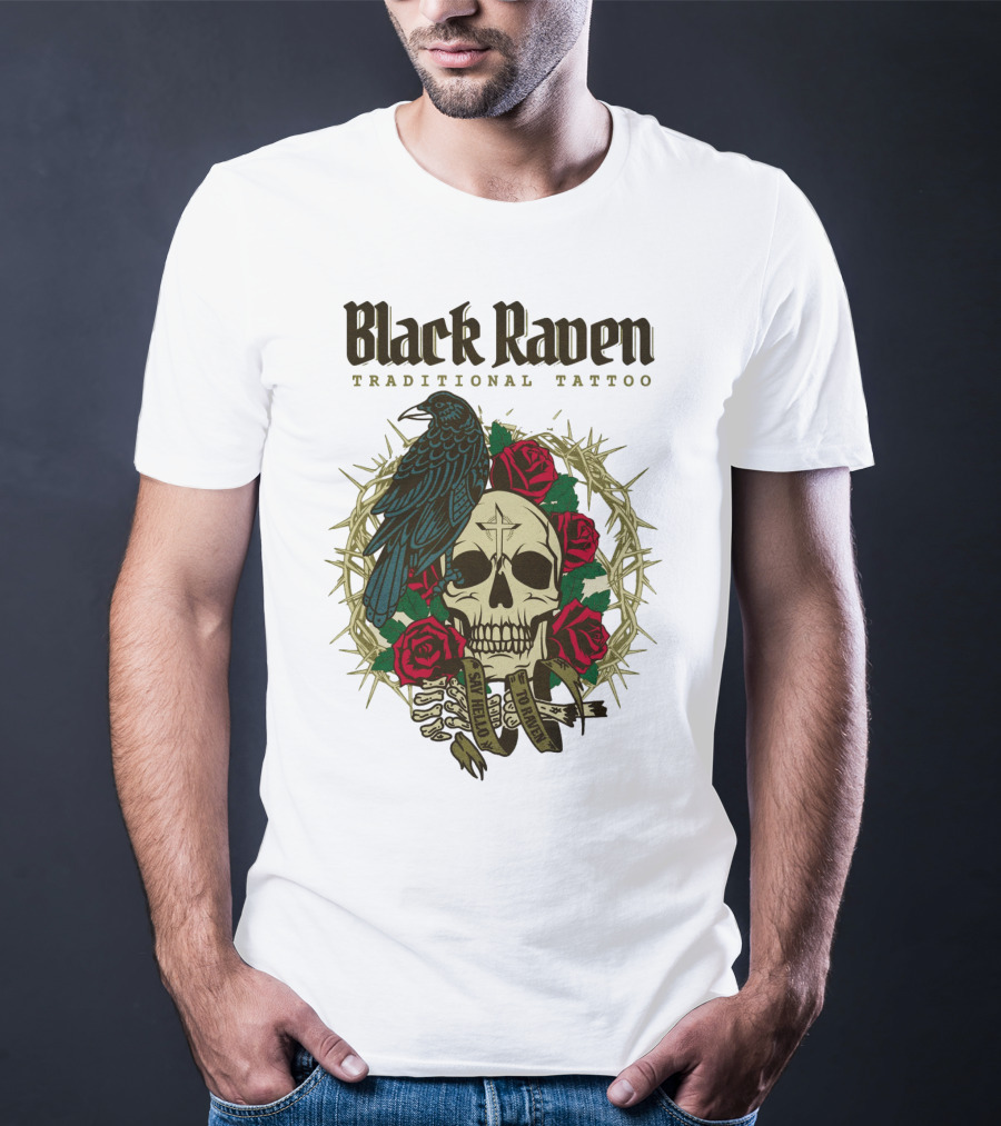 Black Raven Traditional Tattoo Skull Roses Thorns T-Shirt