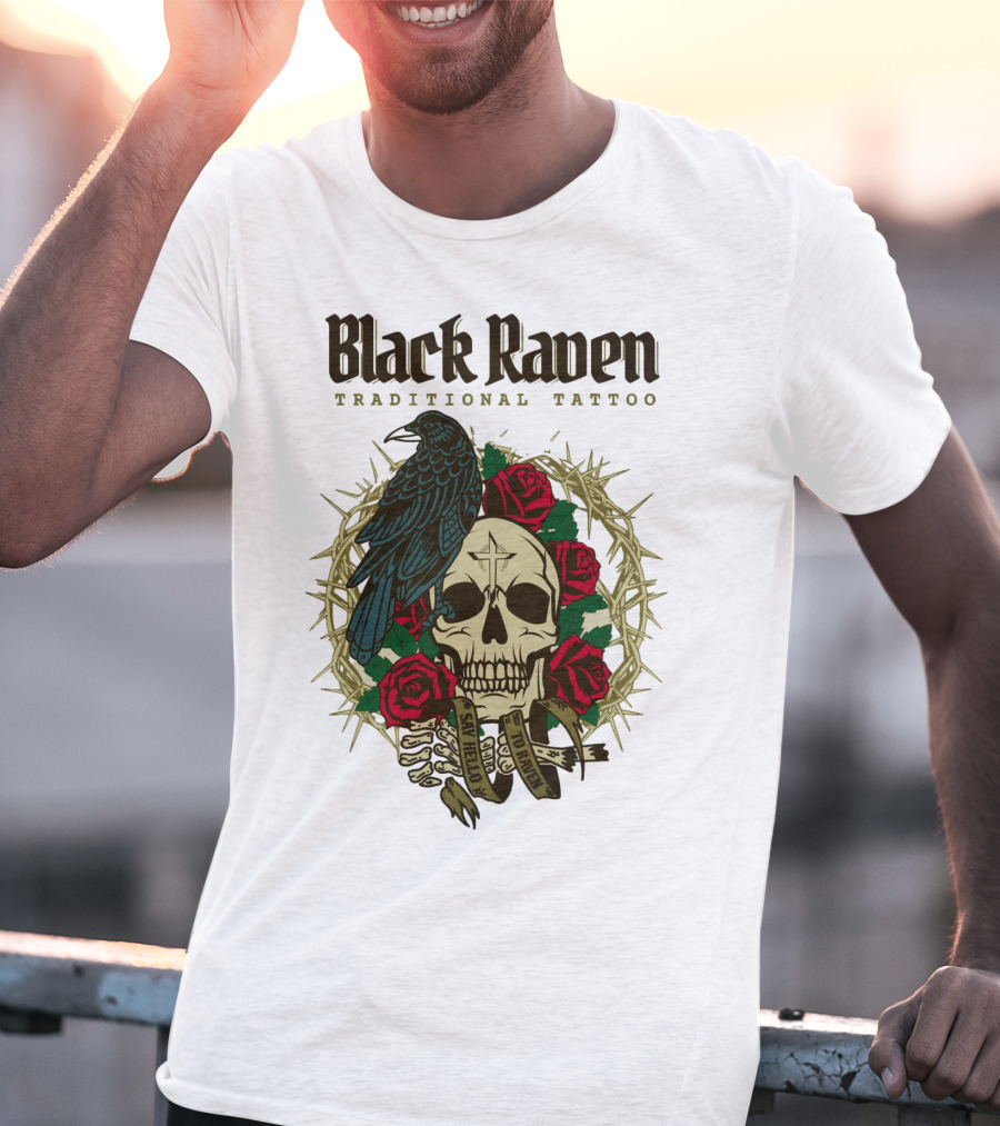 Black Raven Traditional Tattoo Skull Roses Thorns T-Shirt