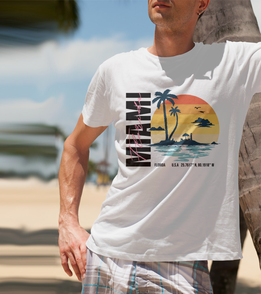 Florida Miami Beach Sunset Coordinates Palm Trees T-Shirt