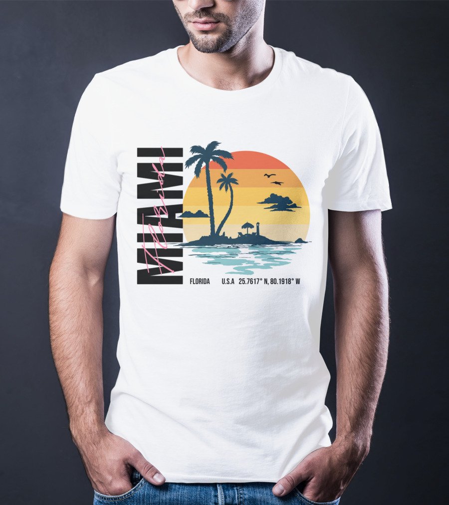 Florida Miami Beach Sunset Coordinates Palm Trees T-Shirt