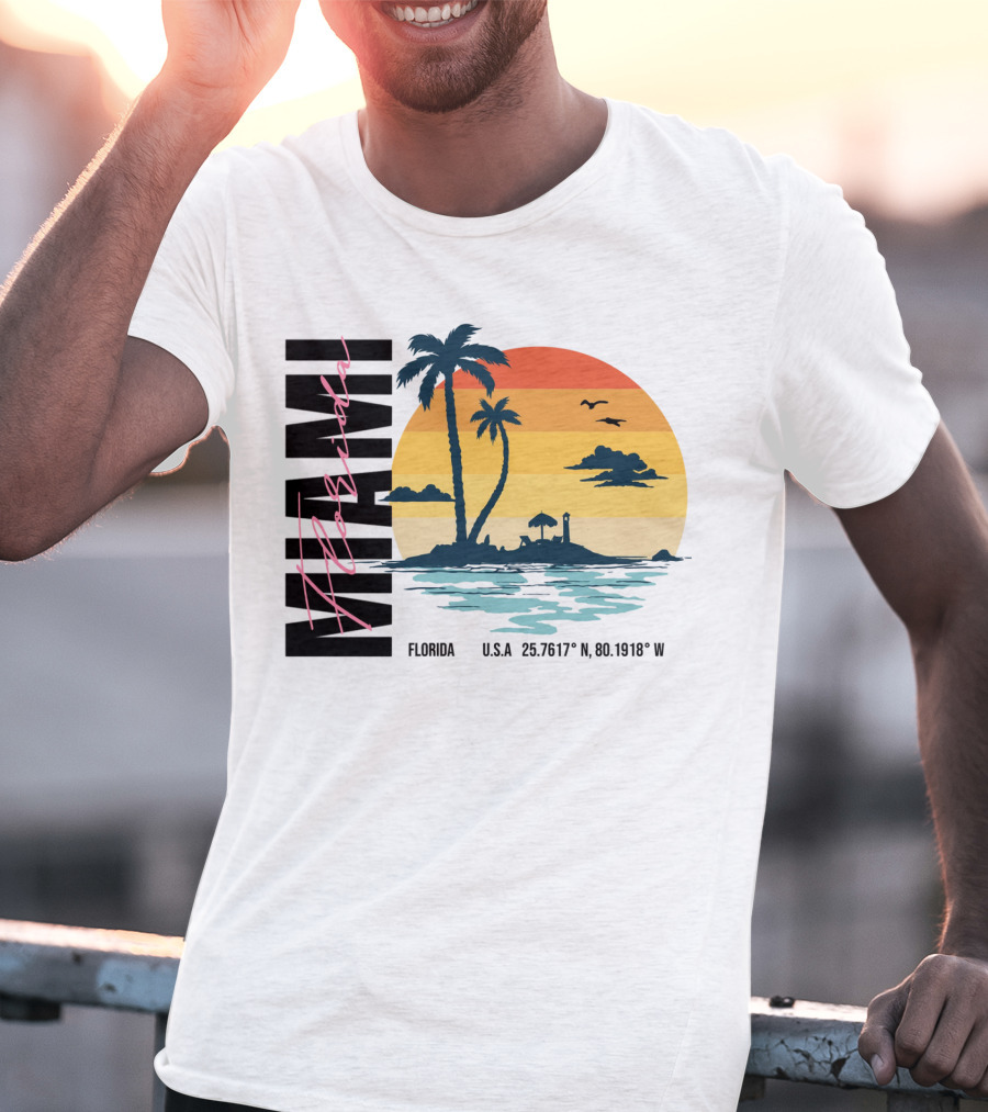 Florida Miami Beach Sunset Coordinates Palm Trees T-Shirt