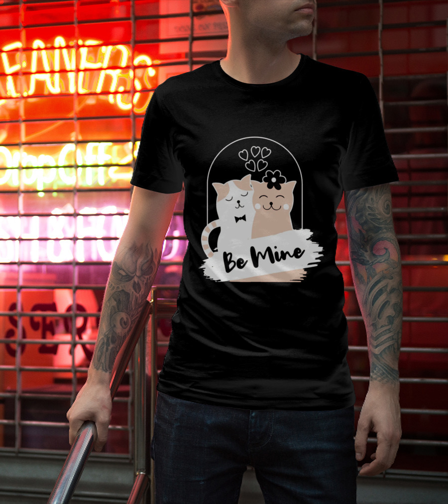 Be Mine Cute Cat Couple With Hearts And Bow Tie T-Shirt