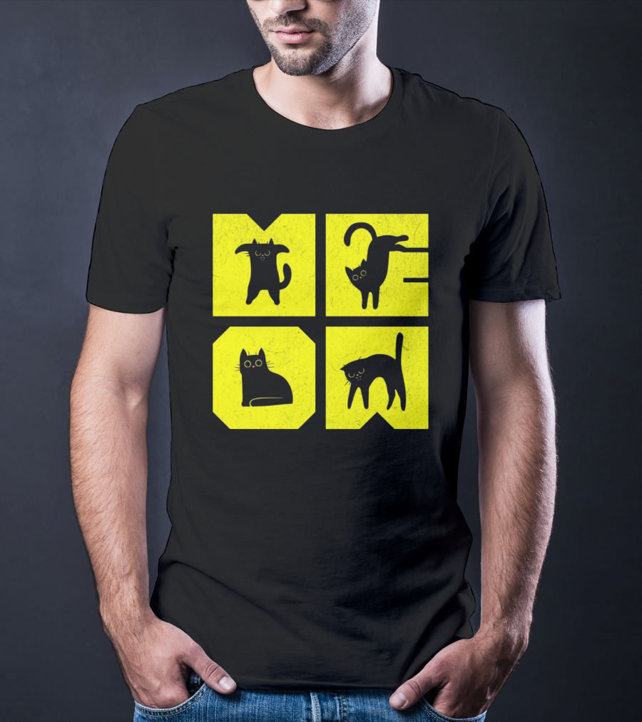 MEOW Cute Black Cats On Yellow Blocks T-Shirt