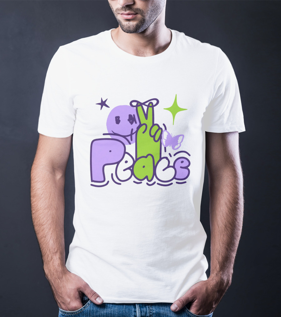 Peace Doodle Smiley Face Butterfly Star Purple Green T-Shirt
