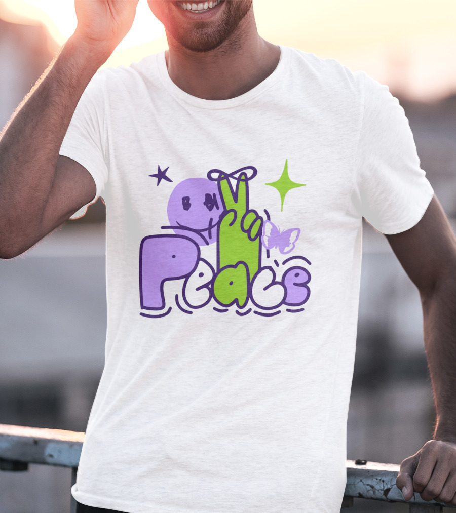 Peace Doodle Smiley Face Butterfly Star Purple Green T-Shirt