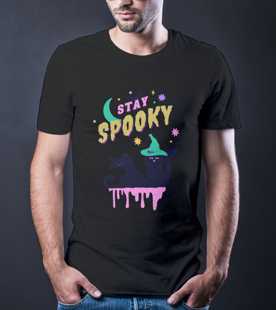 Stay Spooky Halloween Cats Moon Witch Hat Dripping Stars T-Shirt
