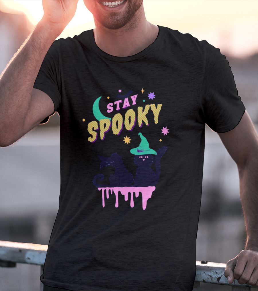 Stay Spooky Halloween Cats Moon Witch Hat Dripping Stars T-Shirt