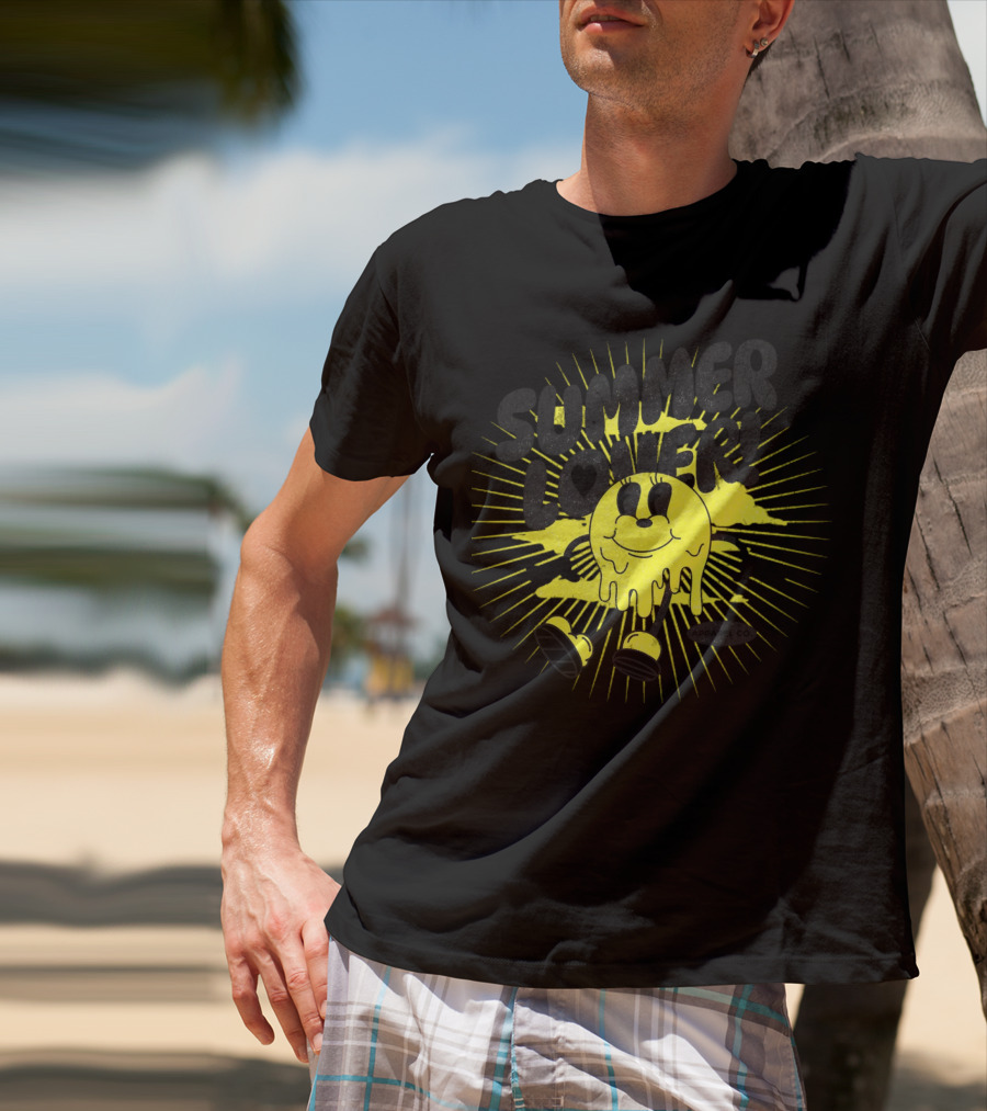 Summer Lover Cartoon Melting Smiley With Radiant Sunburst Background T-Shirt