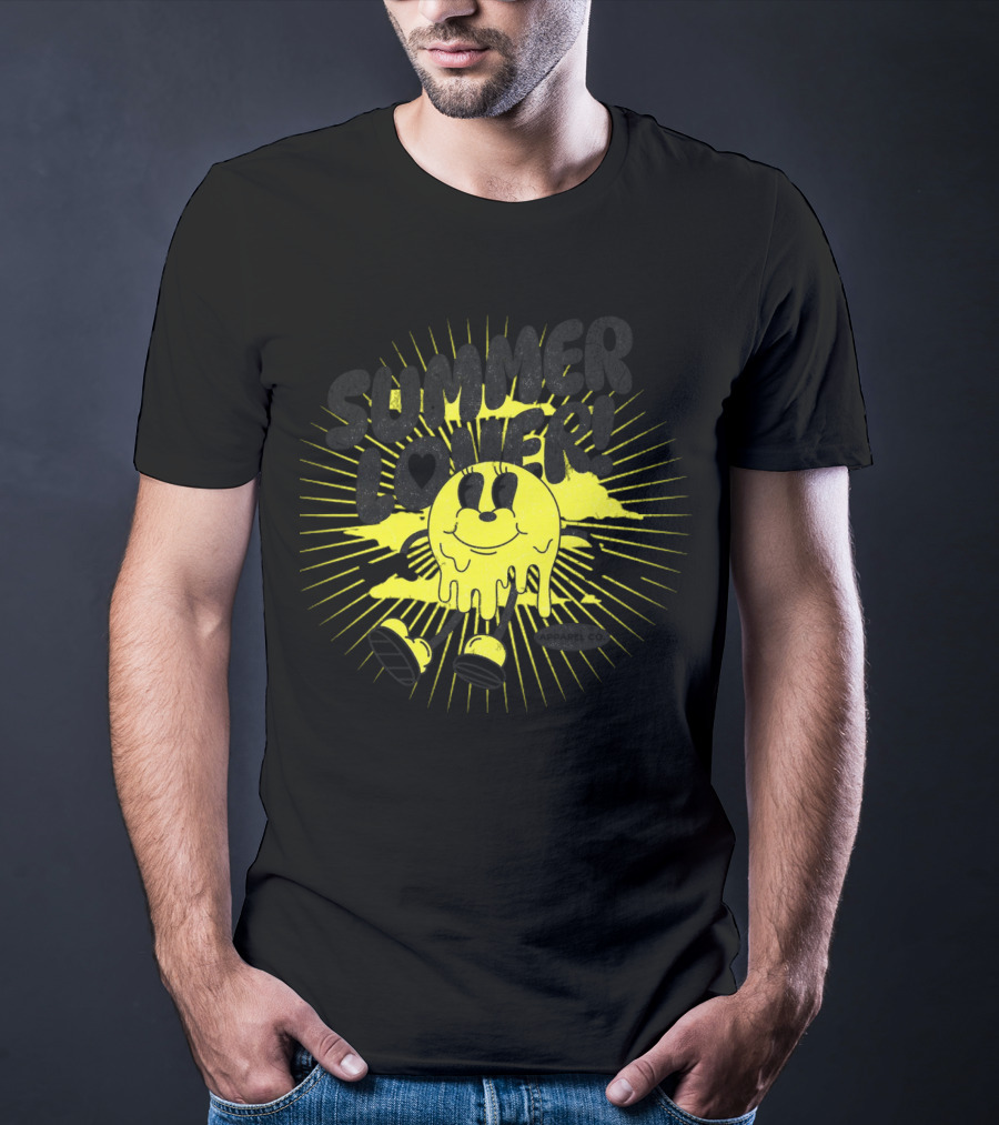 Summer Lover Cartoon Melting Smiley With Radiant Sunburst Background T-Shirt
