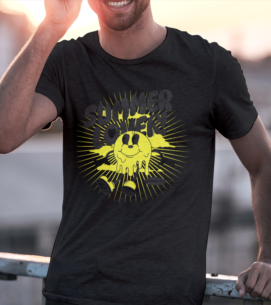 Summer Lover Cartoon Melting Smiley With Radiant Sunburst Background T-Shirt