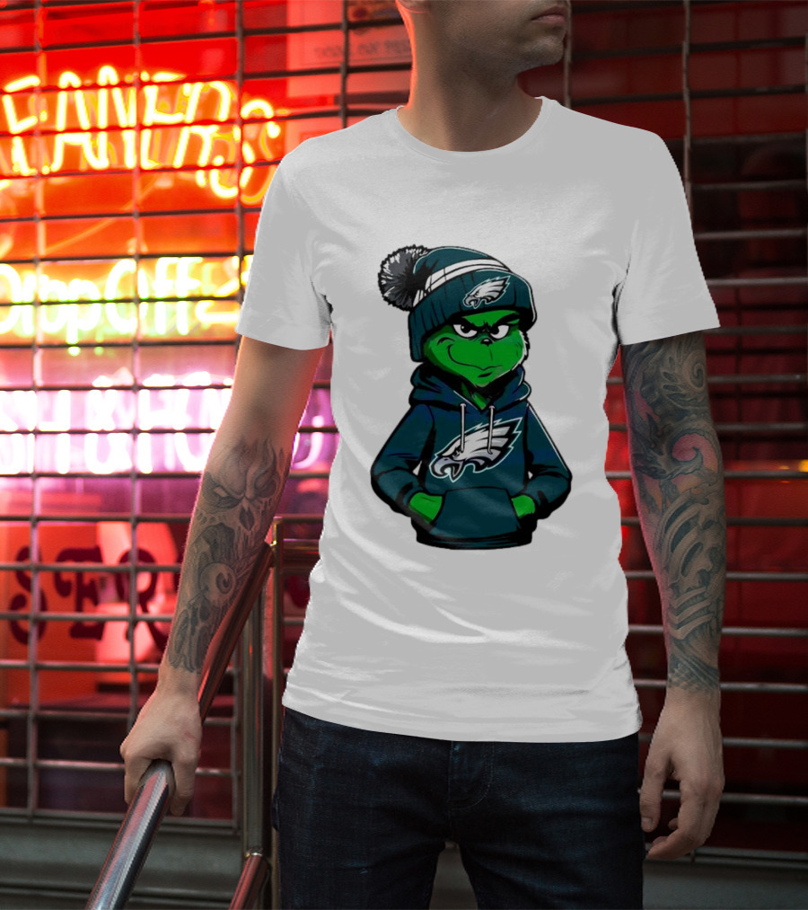 Grinch Dressed In Philadelphia Eagles Hoodie And Hat T-Shirt