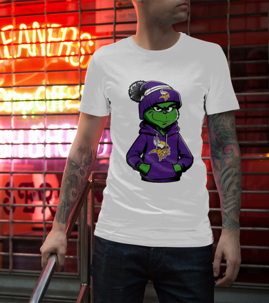 Grinch In Minnesota Vikings Hoodie And Hat With Team T-Shirt