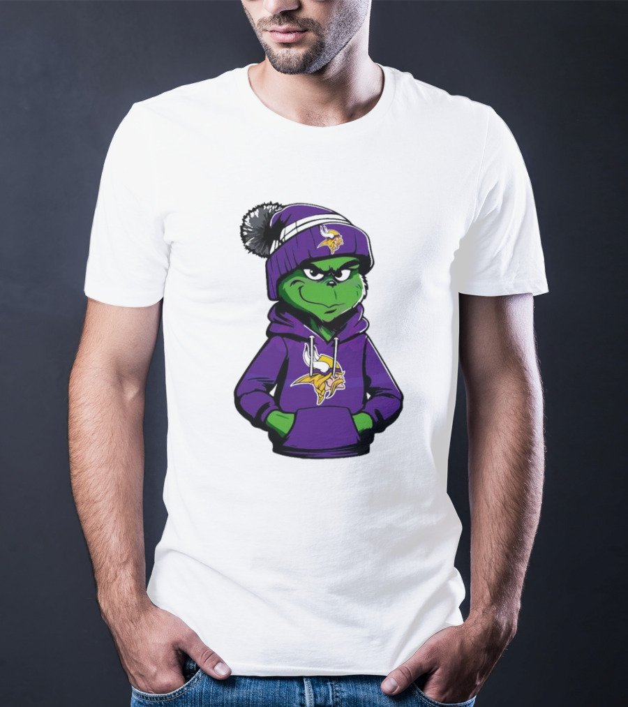 Grinch In Minnesota Vikings Hoodie And Hat With Team T-Shirt