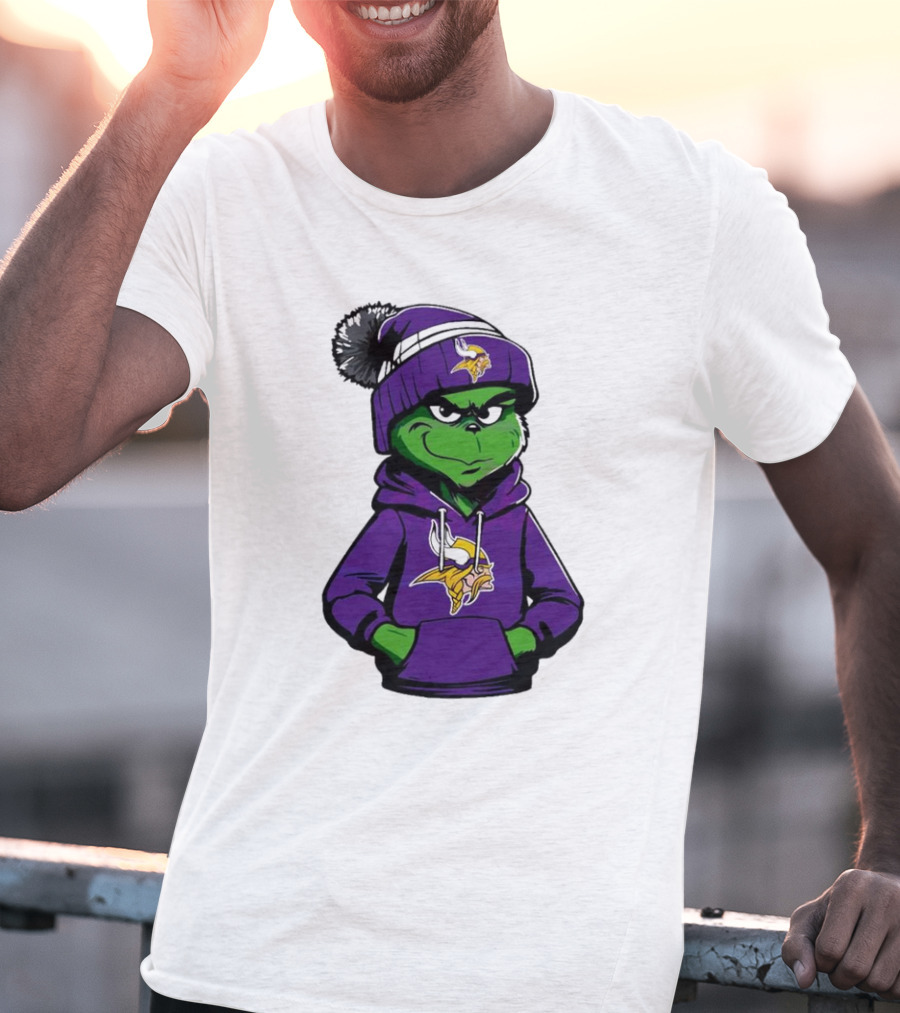 Grinch In Minnesota Vikings Hoodie And Hat With Team T-Shirt