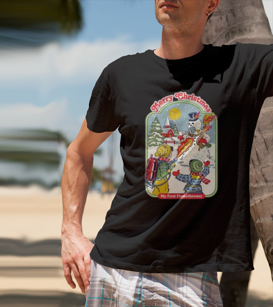 Merry Christmas My First Flamethrower Vintage Snowman Scene T-Shirt