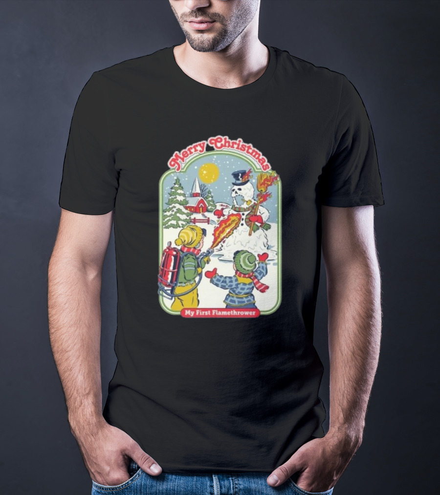 Merry Christmas My First Flamethrower Vintage Snowman Scene T-Shirt