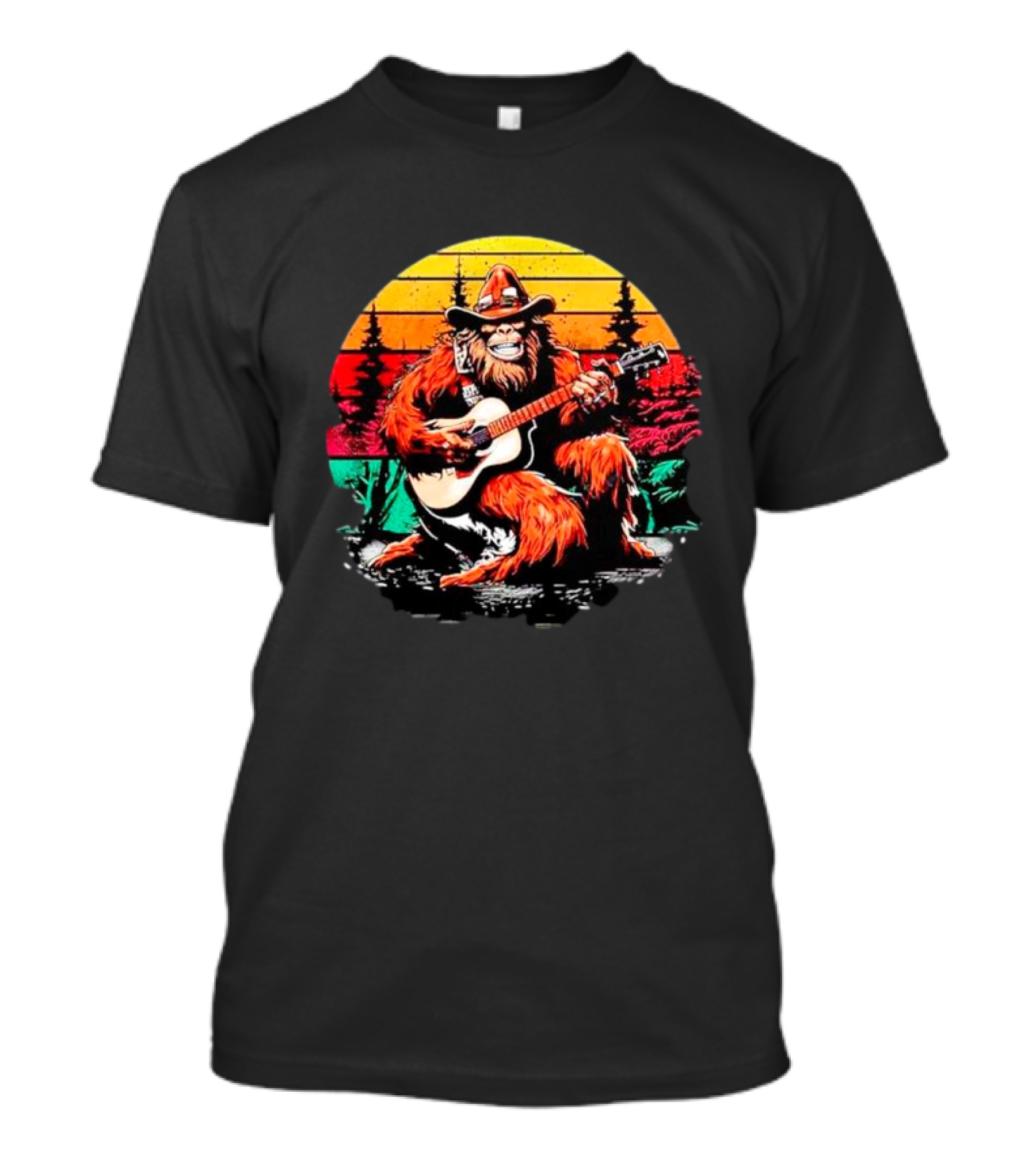 Bigfoot Playing Guitar Retro Sunset Forest Vintage Styles T-Shirt