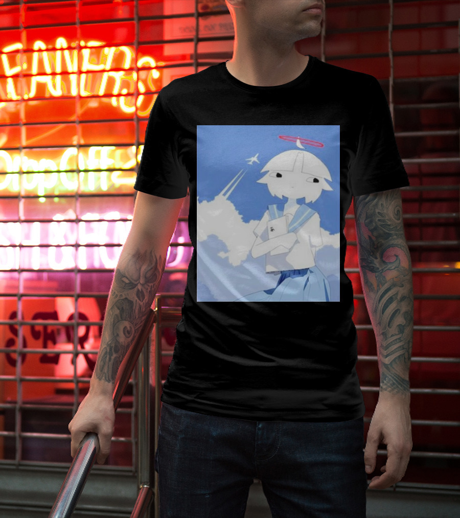 Chew’s District Clowdy Angelic Character Holding Notebook In Blue Sky With Airplane T-Shirt