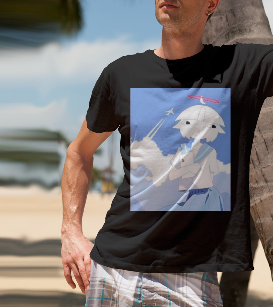 Chew’s District Clowdy Angelic Character Holding Notebook In Blue Sky With Airplane T-Shirt