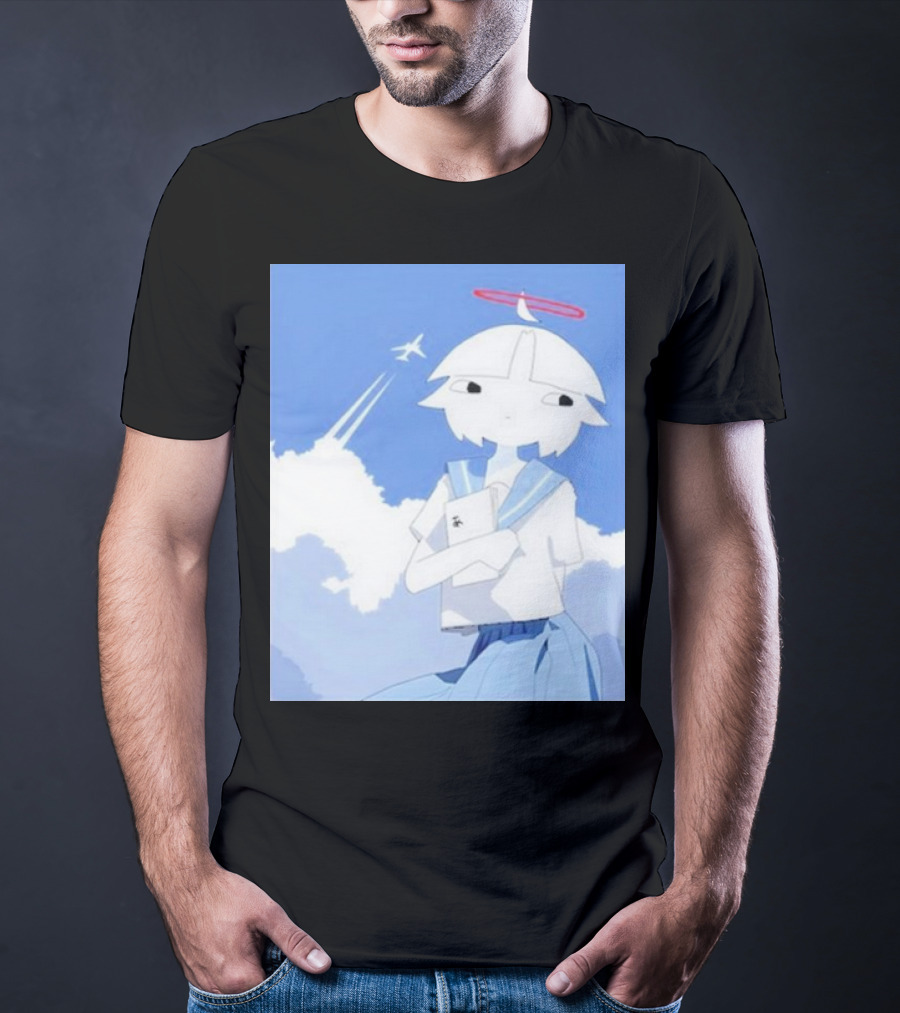 Chew’s District Clowdy Angelic Character Holding Notebook In Blue Sky With Airplane T-Shirt