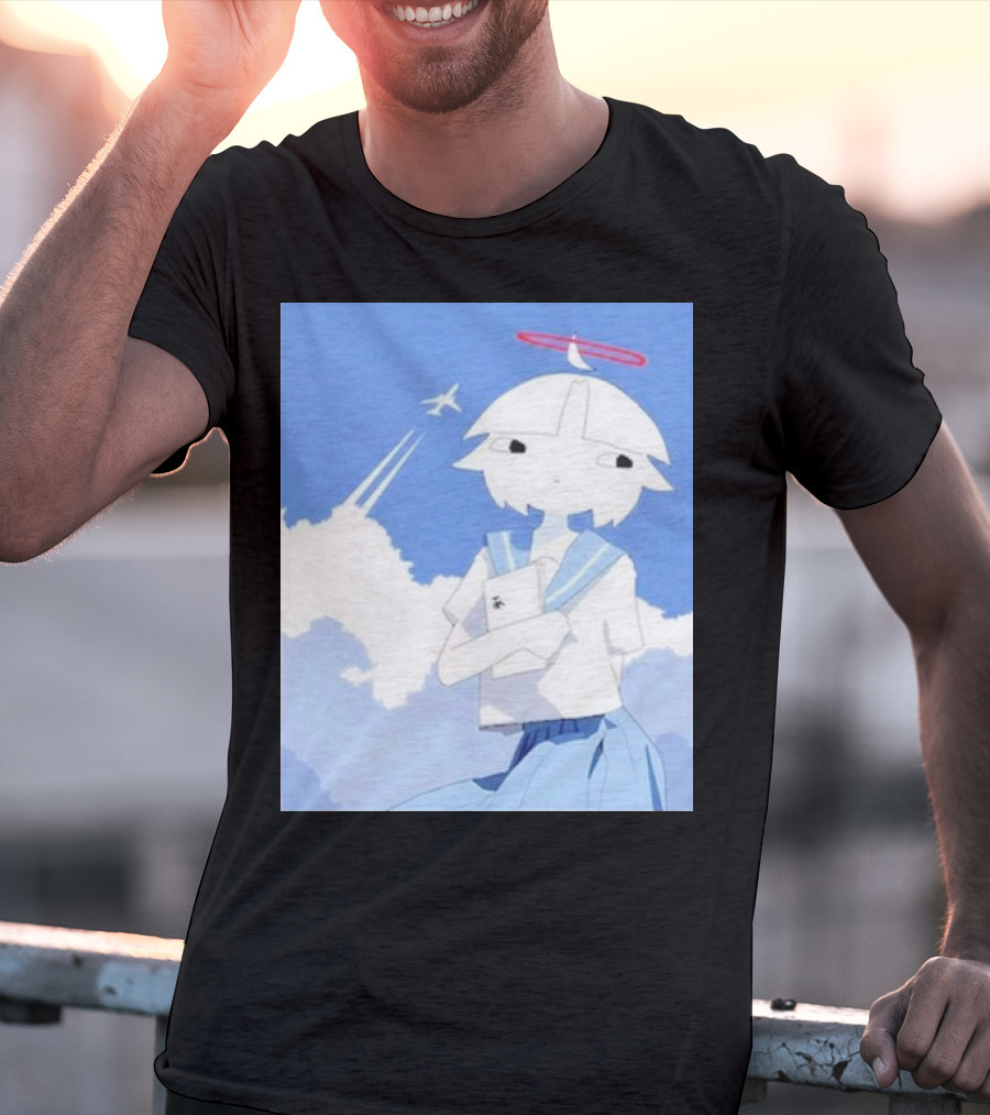 Chew’s District Clowdy Angelic Character Holding Notebook In Blue Sky With Airplane T-Shirt