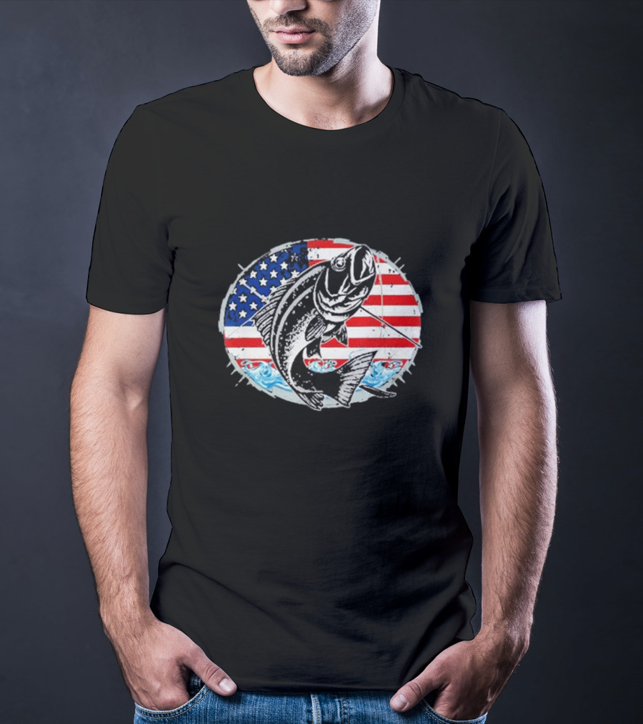 Fishing Lovers American Flag Bass Catch Waves Patriotic T-Shirt