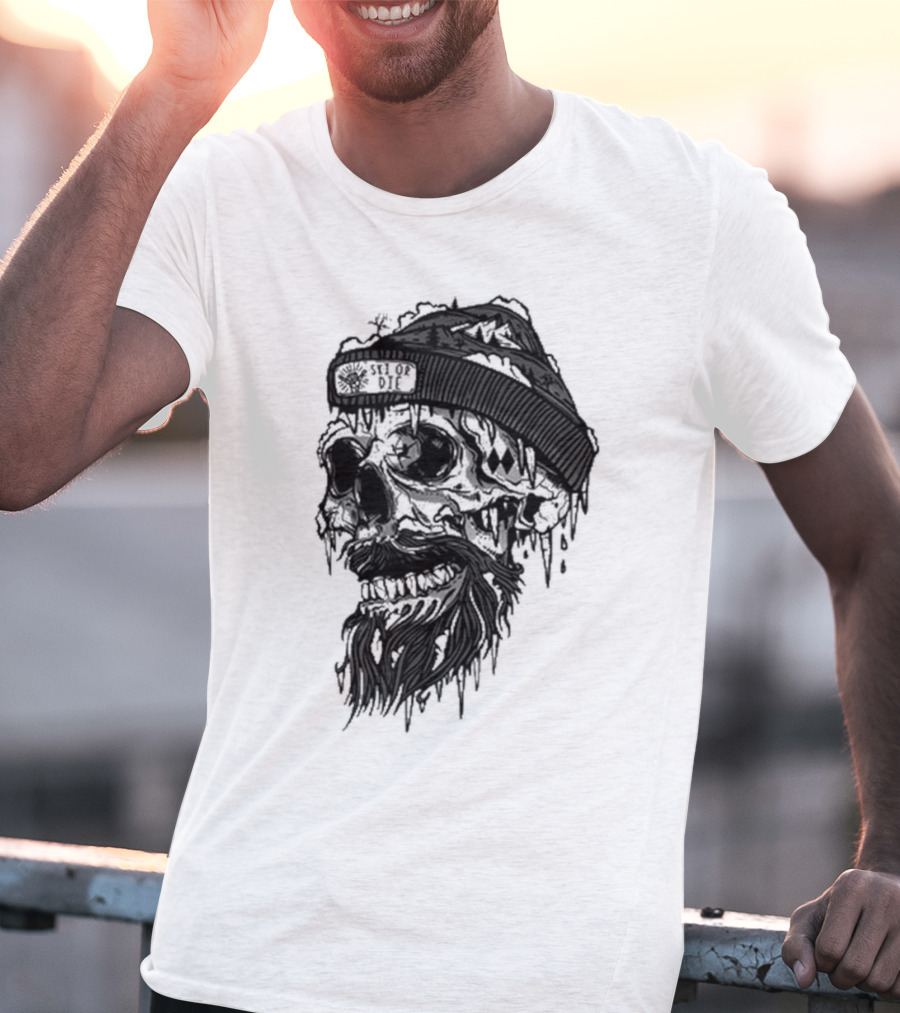 Skull Wild Ski Or Die Ice Beard Beanie Adventure T-Shirt