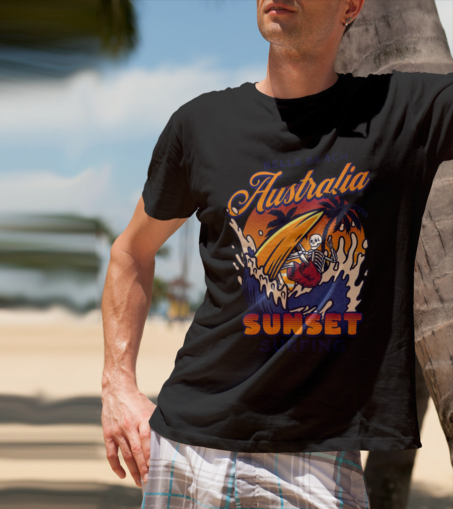 Bells Beach Australia Sunset Surfing Skeleton On Wave With Palm Trees T-Shirt