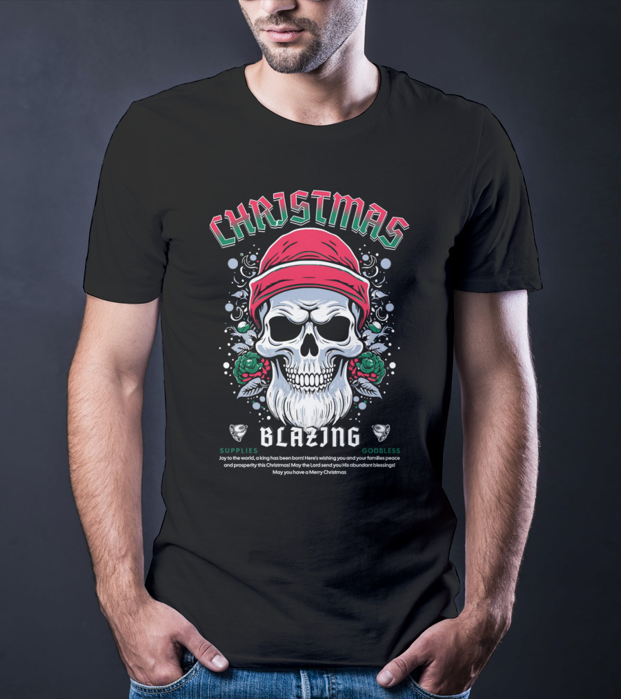 CHAJISMIS Blazing Skull Joy To The World Merry Christmas T-Shirt