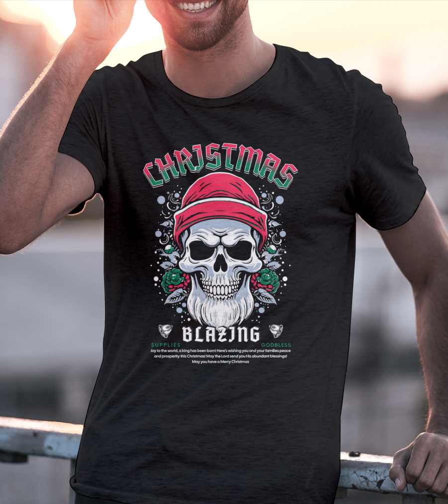 CHAJISMIS Blazing Skull Joy To The World Merry Christmas T-Shirt
