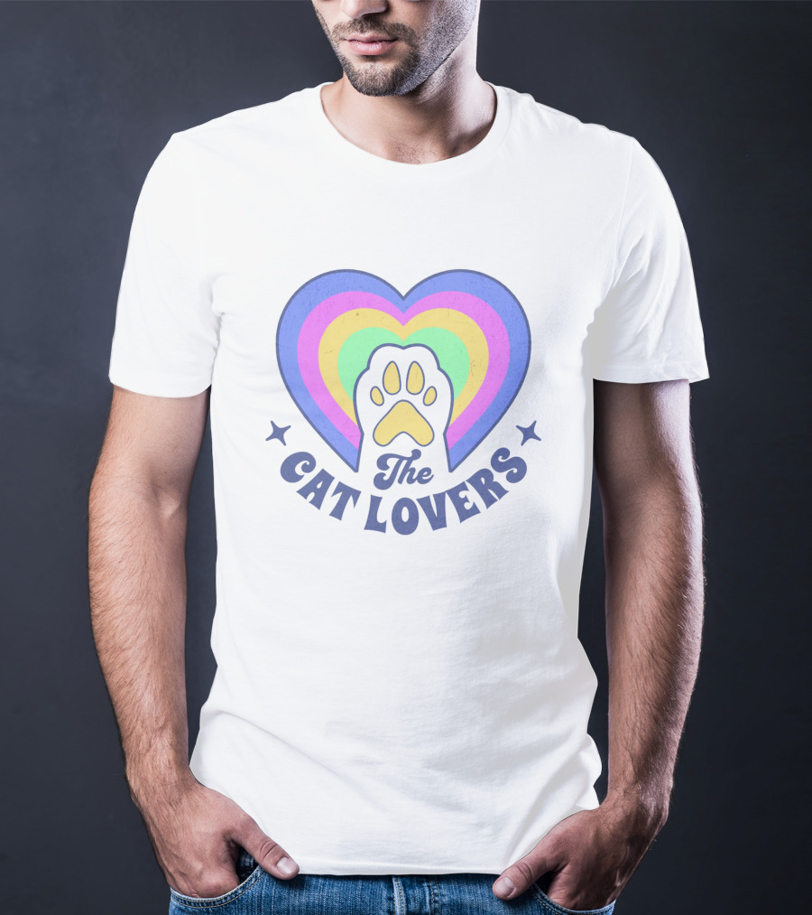 The Cat Lovers Paw In Rainbow Heart T-Shirt