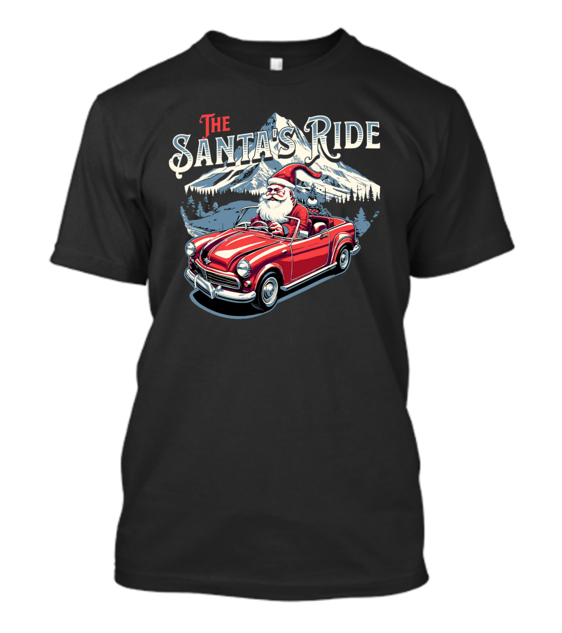 The Santa's Ride With Classic Red Convertible In Winter Mountain Scene T-Shirt