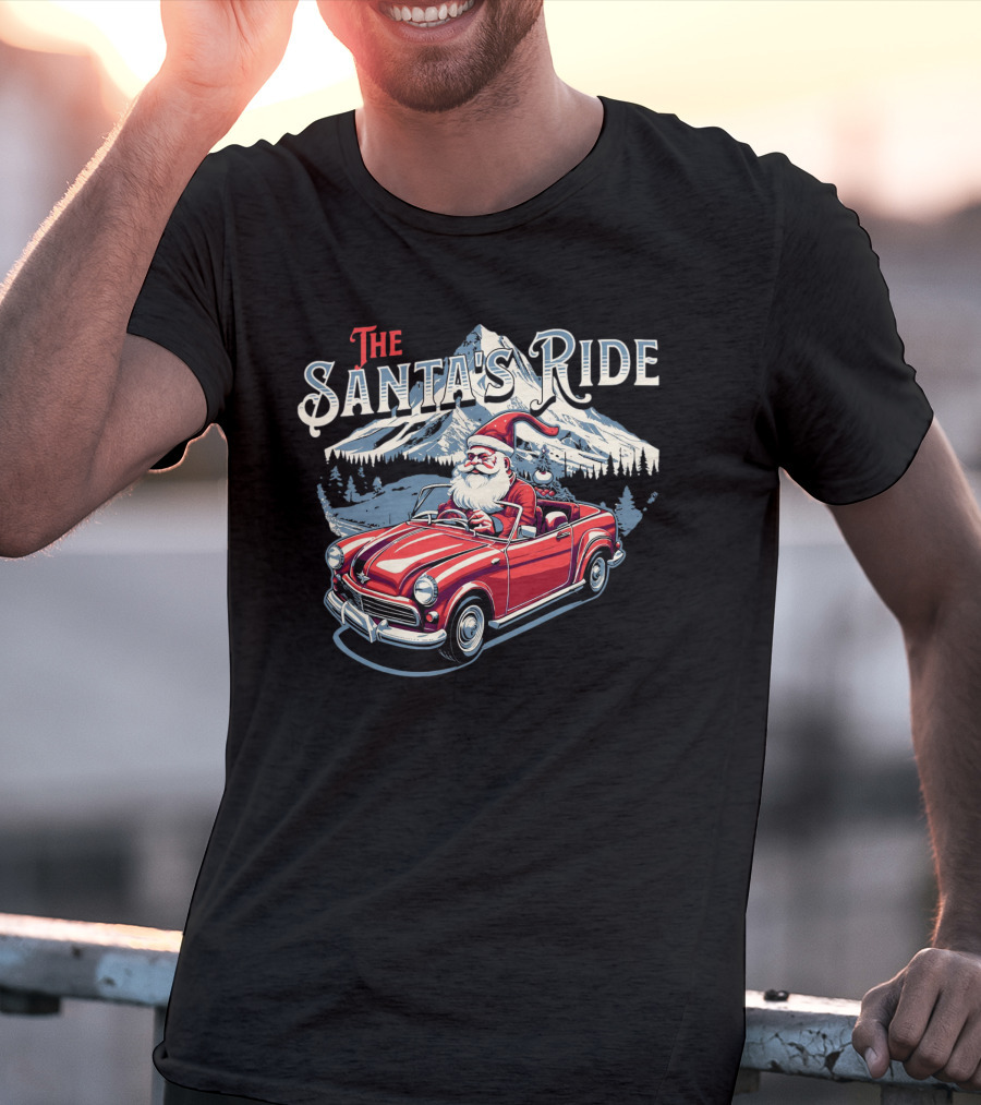 The Santa's Ride With Classic Red Convertible In Winter Mountain Scene T-Shirt