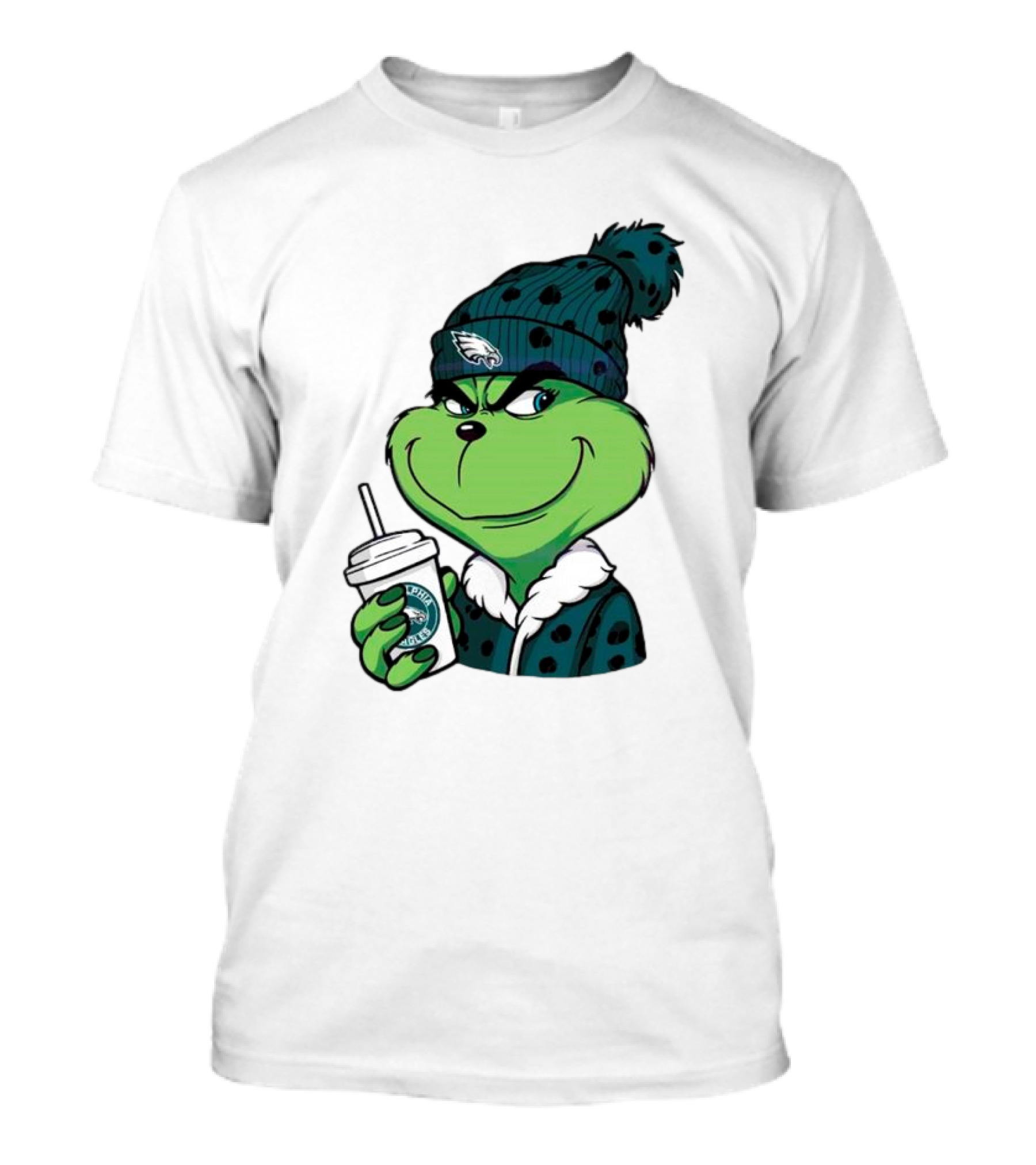 Grinch Holding Cup Wearing Philadelphia Eagles Beanie T-Shirt