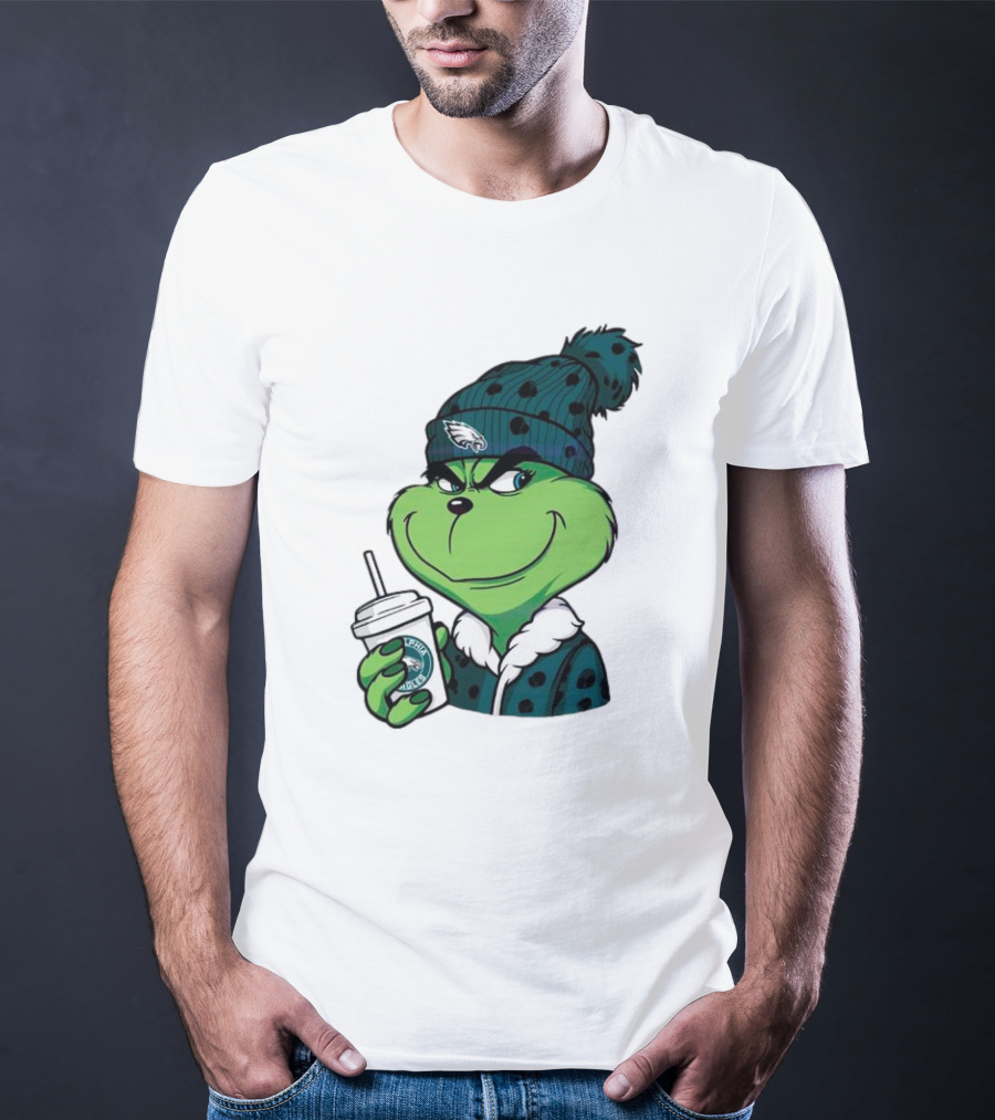 Grinch Holding Cup Wearing Philadelphia Eagles Beanie T-Shirt